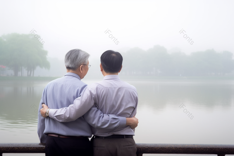 清晨中老年父子公园长椅背影,高清,摄影图,摄影图片,图片大全,摄影图免费下载
